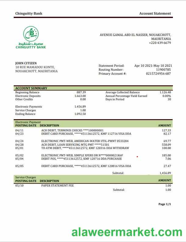 Mauritania Chinguitty bank statement template in Word and PDF format